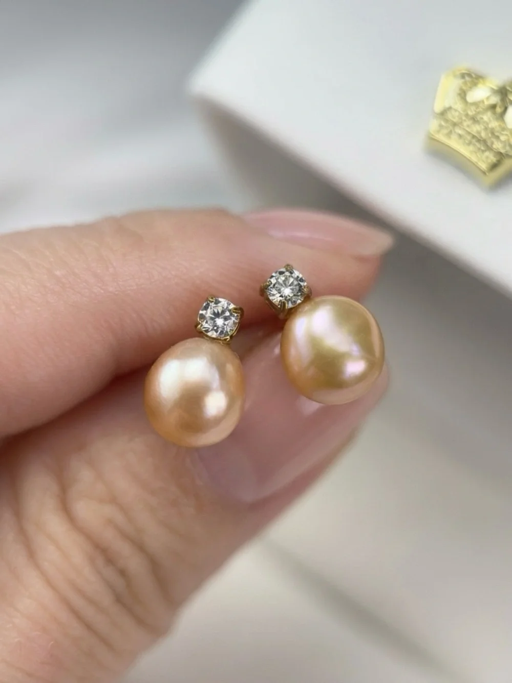 Pink Pearl Stud Earrings with Diamond Accents